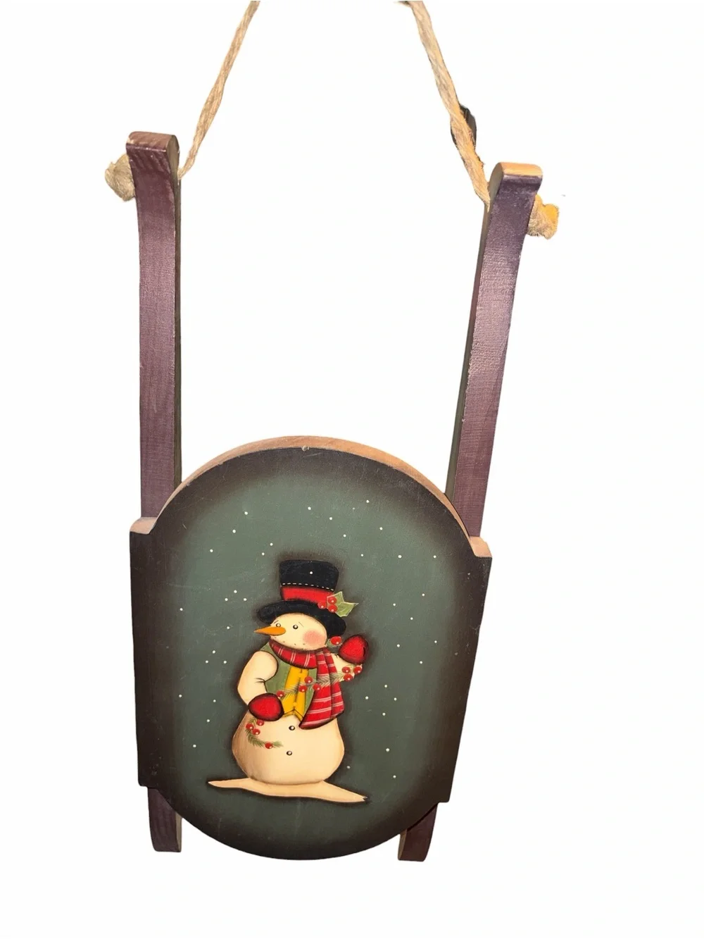 Green Snowman Hanging Sled Holiday Ornament